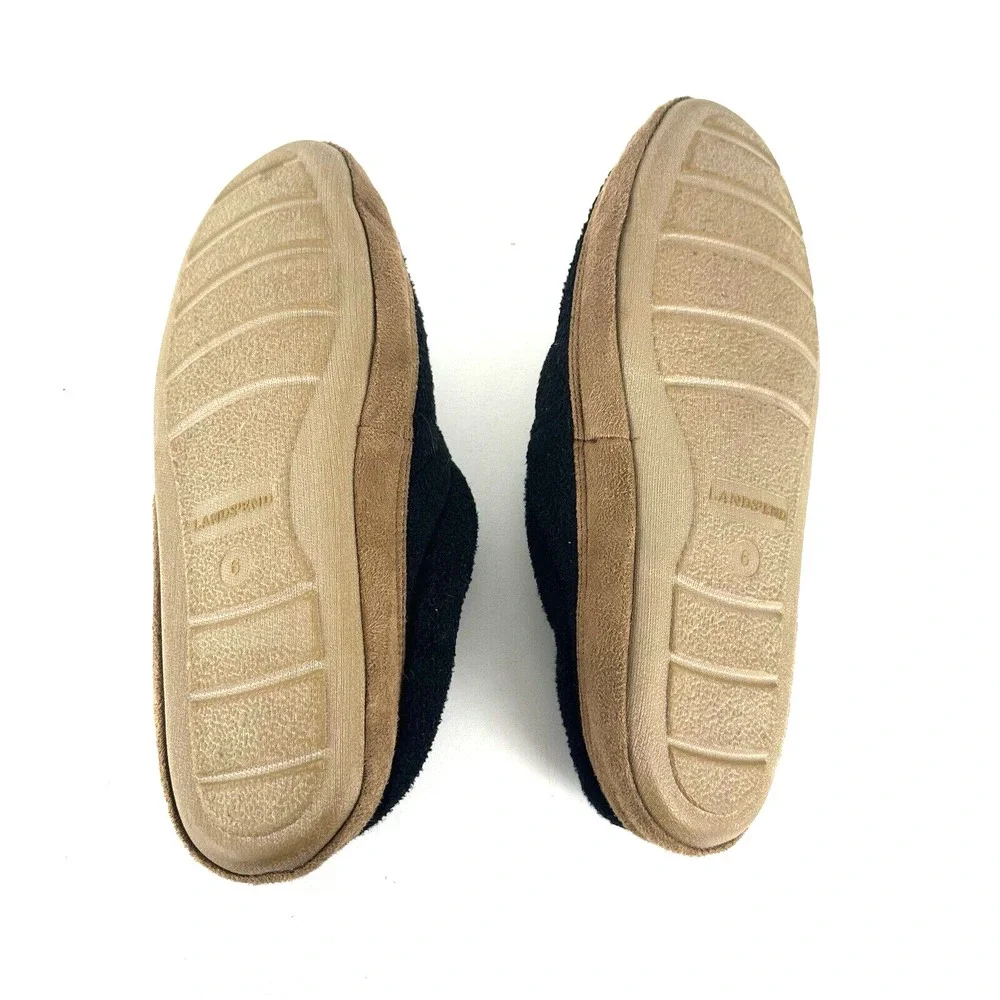 Lands End Fleece Leather Hard Bottom Slippers Navy Blue Youth Adolescent Kids‎ 6